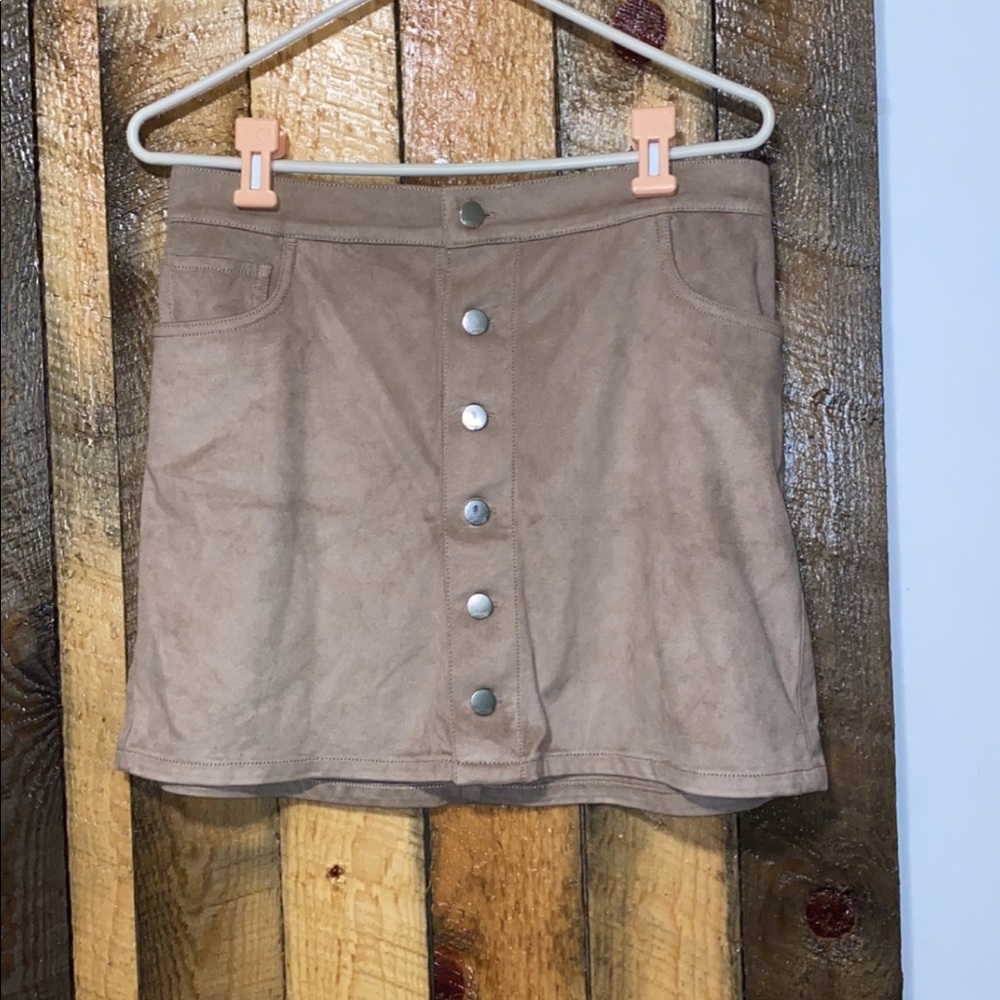 Express Suede-Look Button-Front Mini Skirt in Light Brown